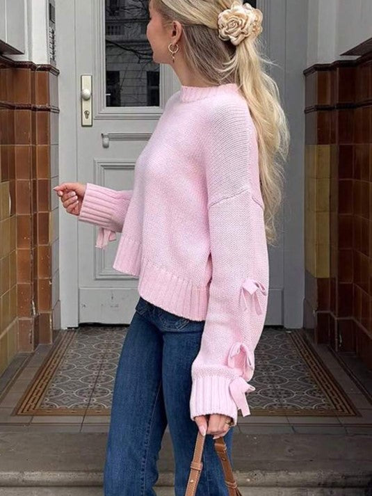 Bow Trim Sleeve Slouchy Knit Sweater - Pink - 1
