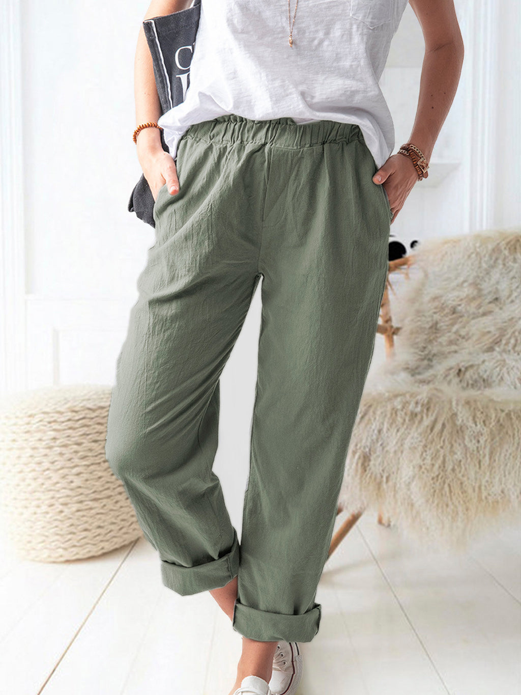 Pull On Tapered Trousers With Side Pockets - Green