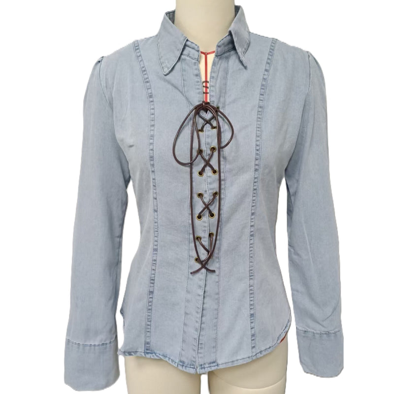 Lace Up Front Fitted Denim Shirt - Blue