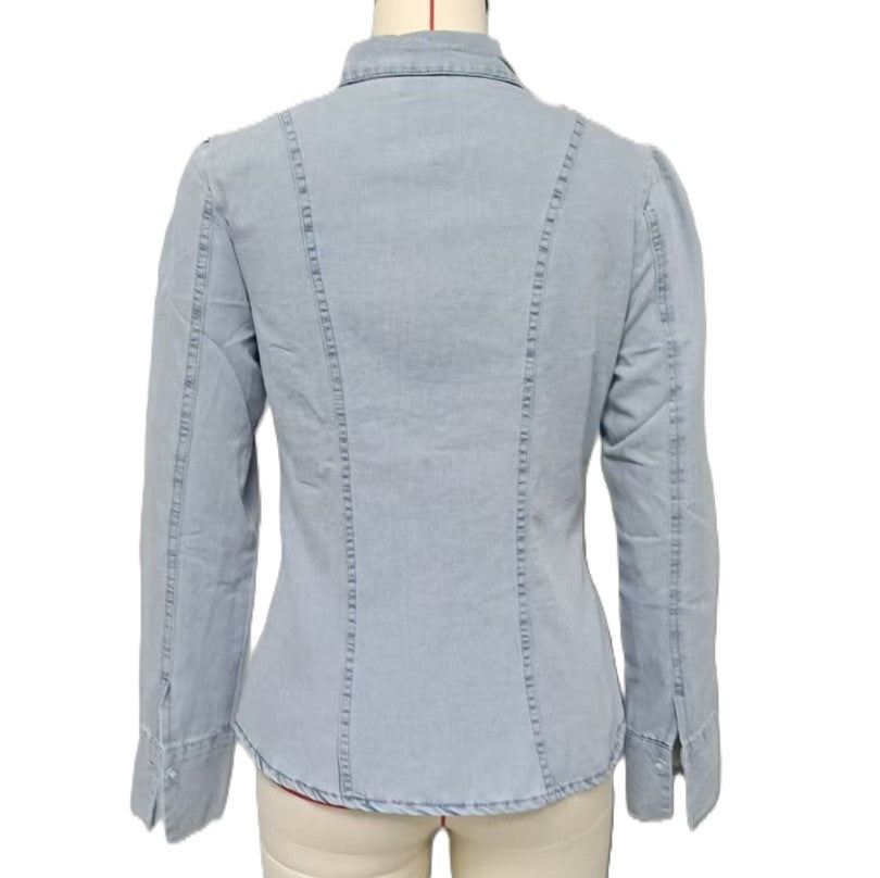 Lace Up Front Fitted Denim Shirt - Blue - 1
