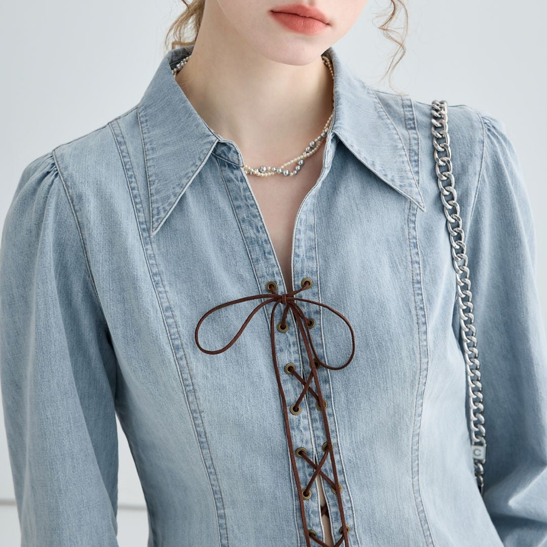 Lace Up Front Fitted Denim Shirt - Blue - 2