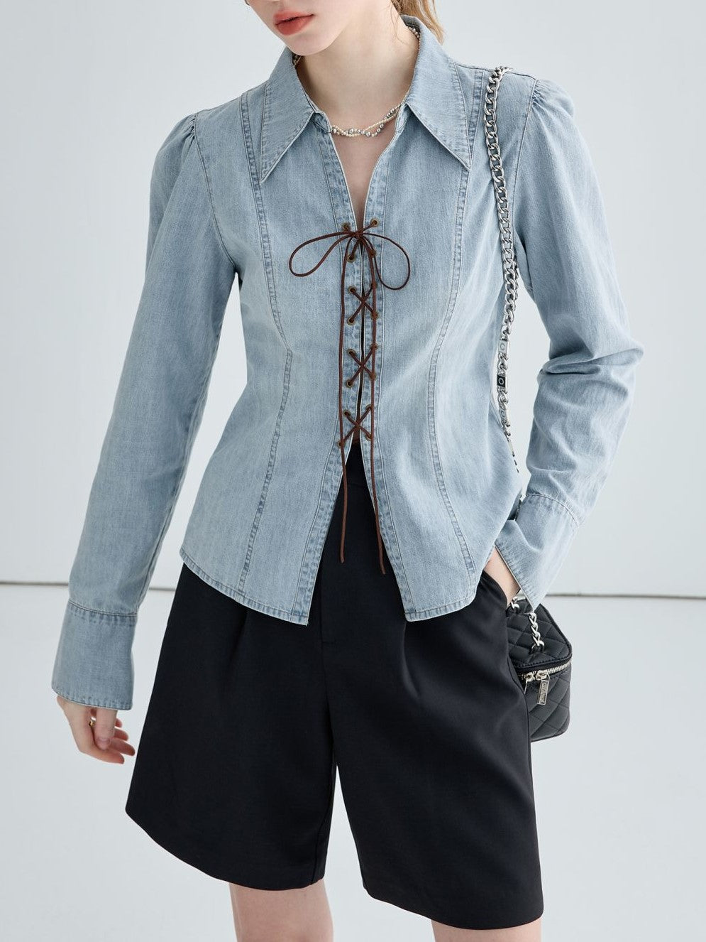 Lace Up Front Fitted Denim Shirt - Blue - 3