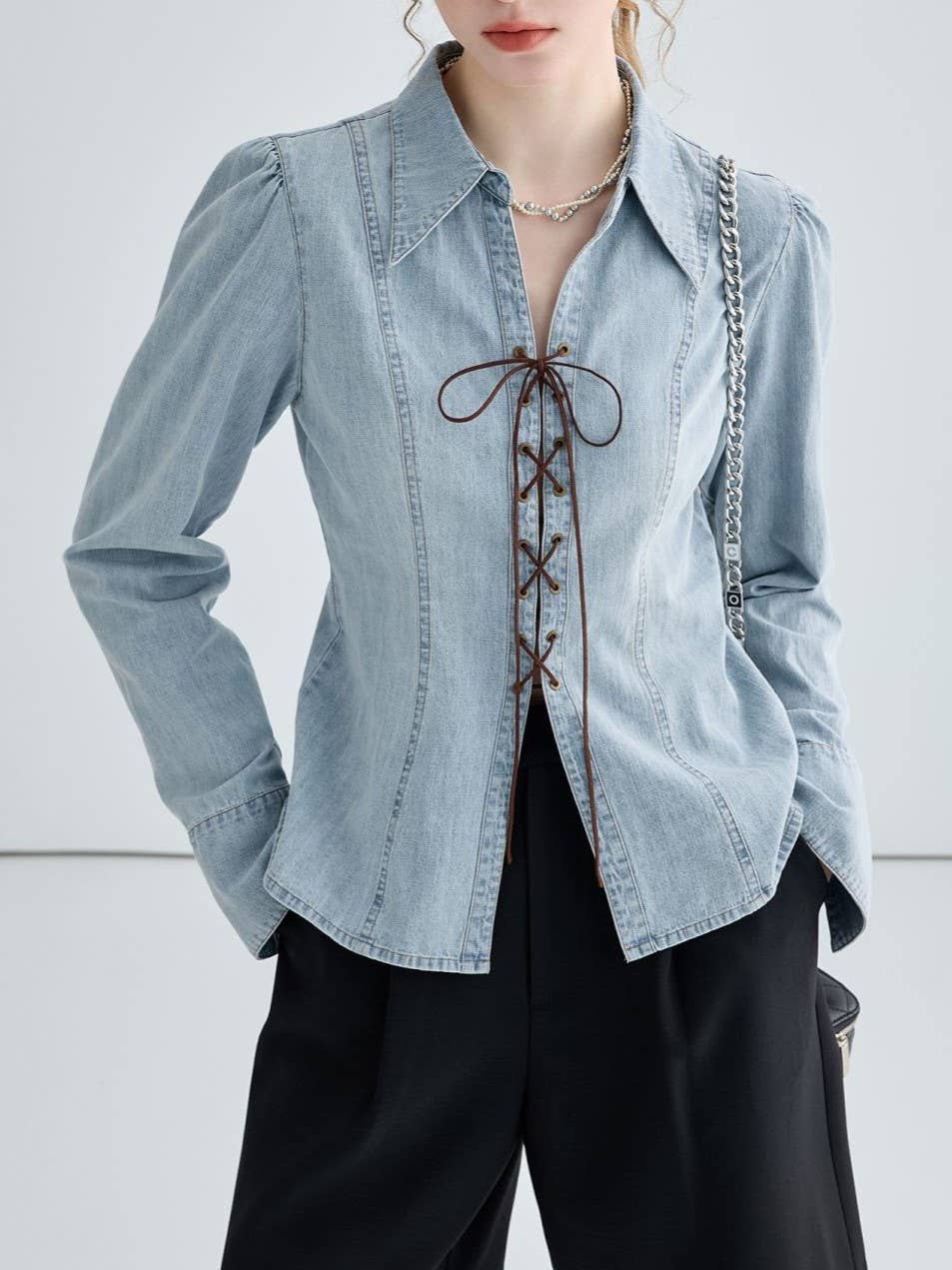 Lace Up Front Fitted Denim Shirt