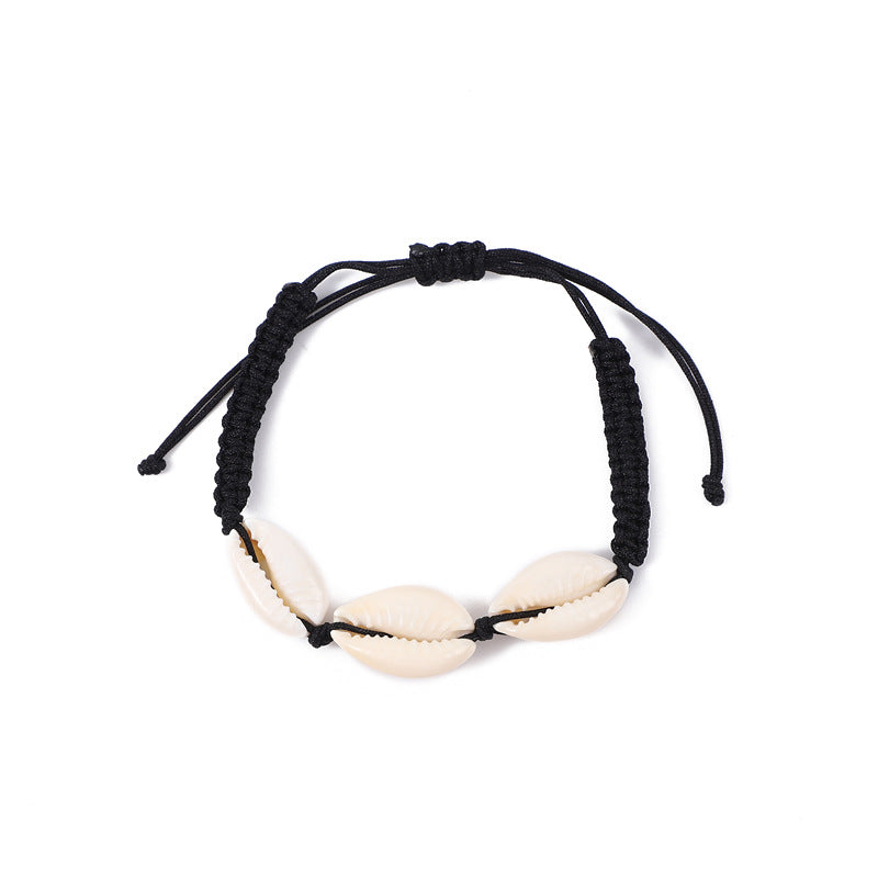 Cowrie Shell Braided Cord Adjustable Bracelet - Black