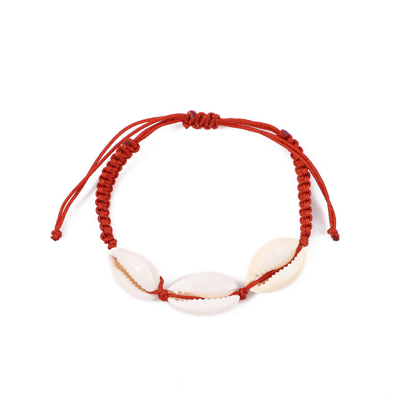 Cowrie Shell Braided Cord Adjustable Bracelet - DarkRed