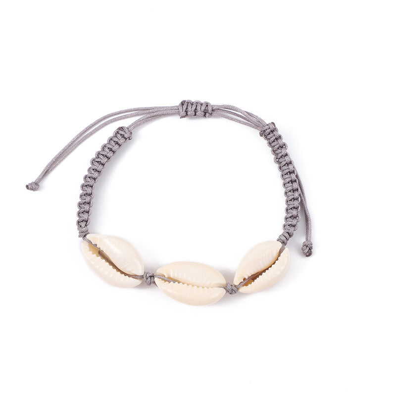 Cowrie Shell Braided Cord Adjustable Bracelet - Gray