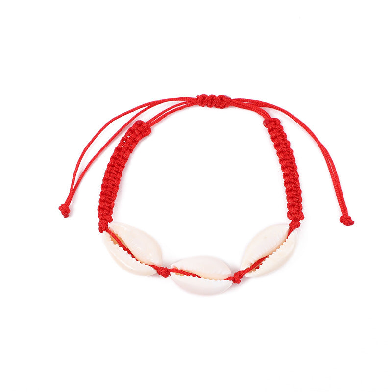 Cowrie Shell Braided Cord Adjustable Bracelet - Red
