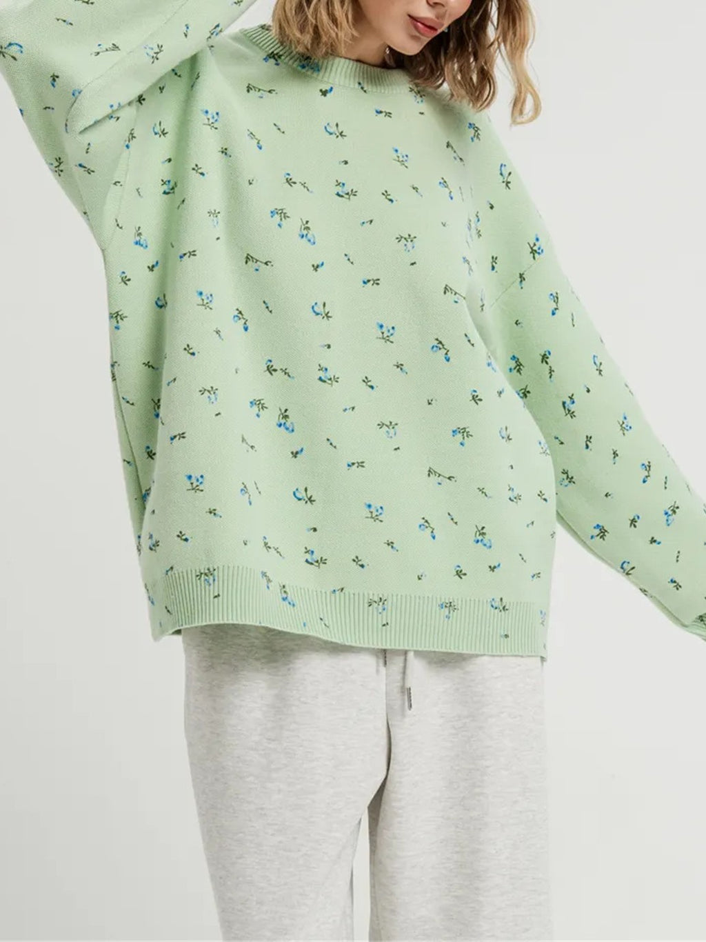 Ditsy Floral Print Oversized Crewneck Sweater - Green