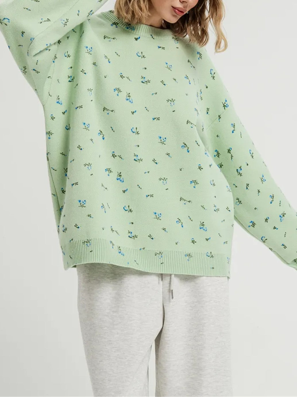 Ditsy Floral Print Oversized Crewneck Sweater - Green