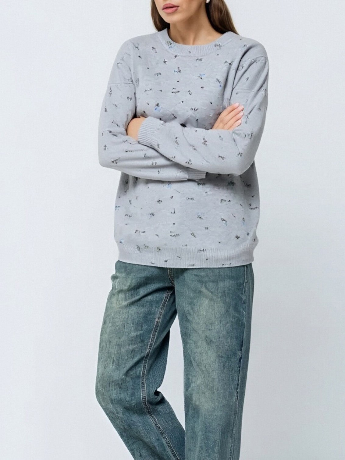 Ditsy Floral Print Oversized Crewneck Sweater - Grey