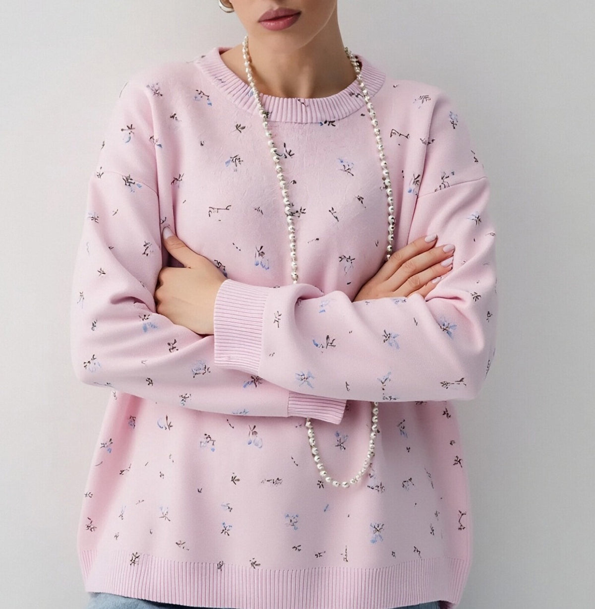 Ditsy Floral Print Oversized Crewneck Sweater - Pink