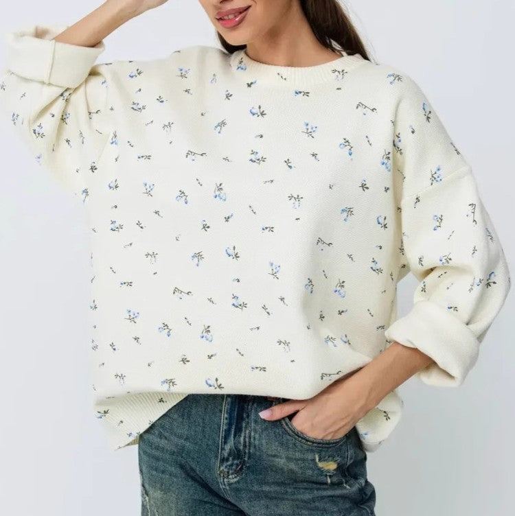 Ditsy Floral Print Oversized Crewneck Sweater - White