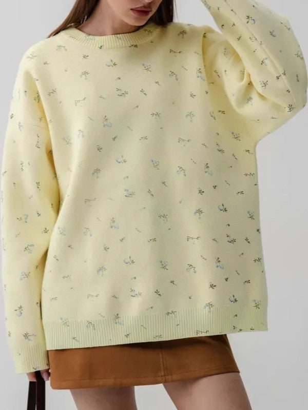 Ditsy Floral Print Oversized Crewneck Sweater - Yellow