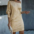 Sequin Off Shoulder Batwing Sleeve Mini Dress - Champagne