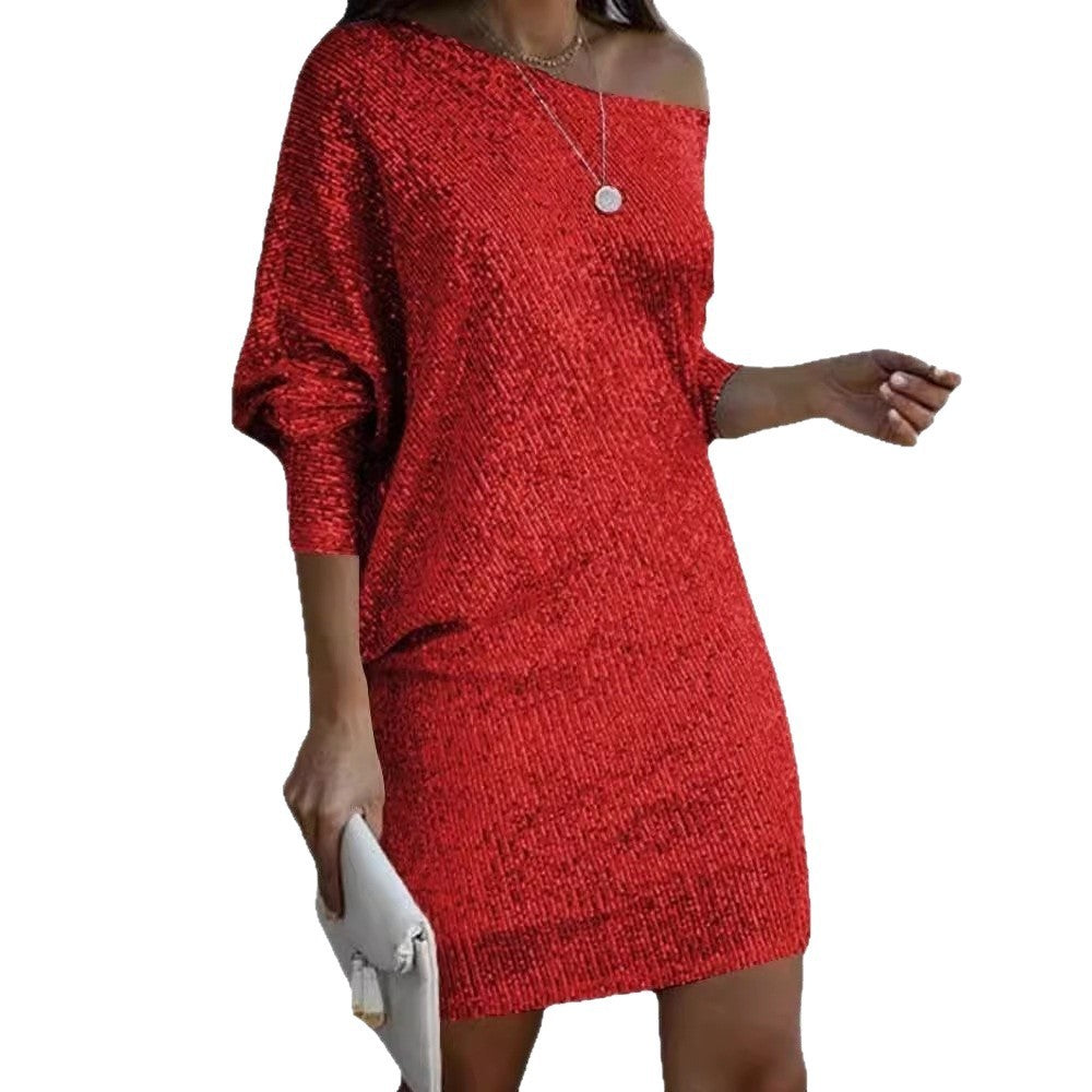 Sequin Off Shoulder Batwing Sleeve Mini Dress