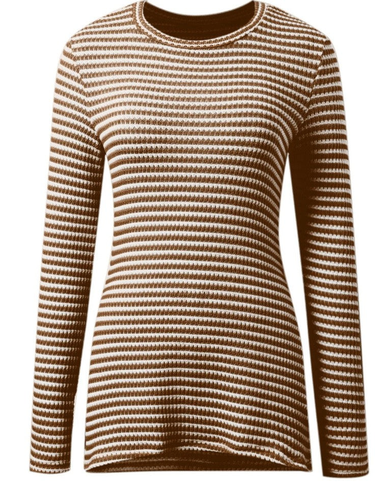 Textured Stripe Split Hem Long Sleeve Tee - Coffee