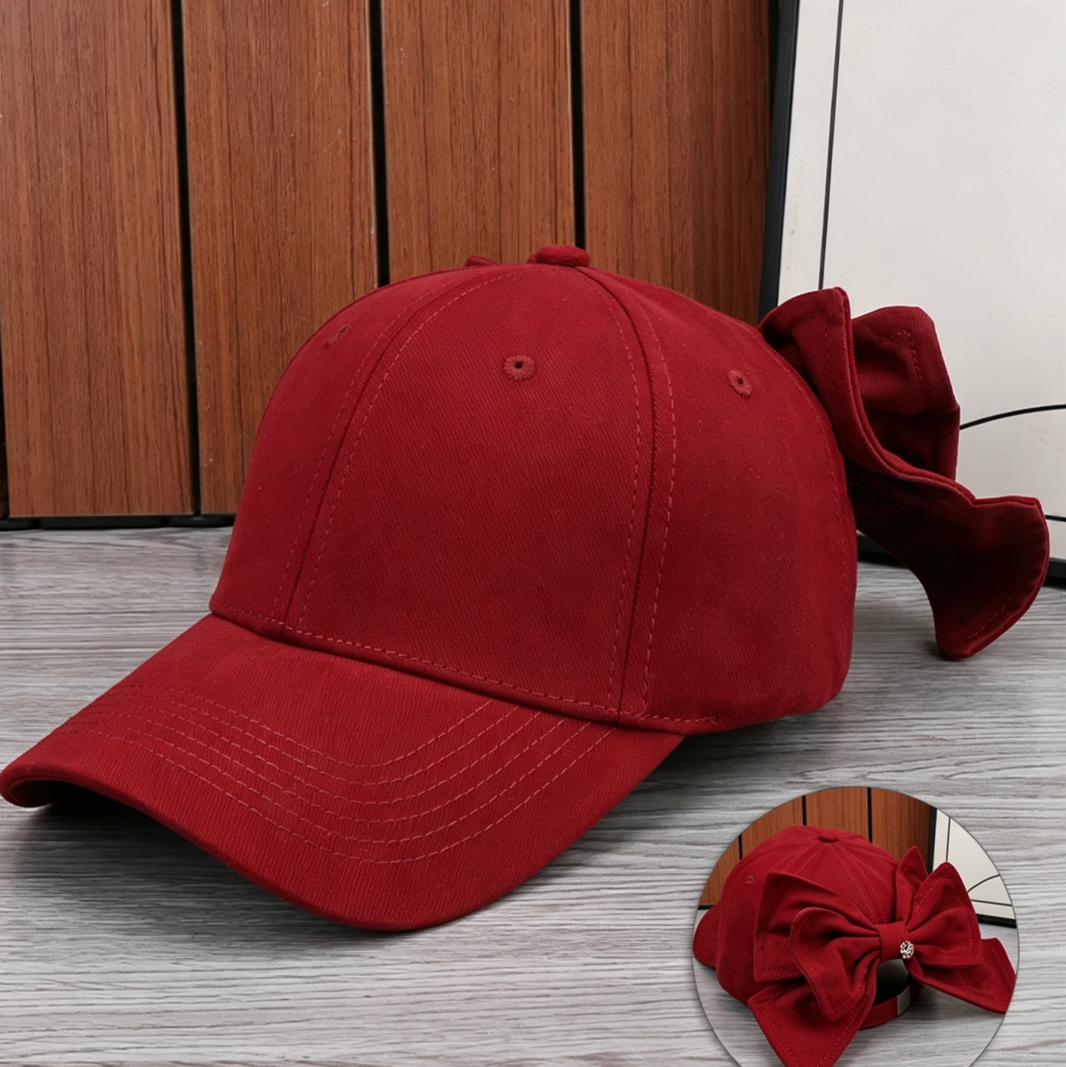 Oversized Bow Back Cotton Baseball Cap - Red - 1