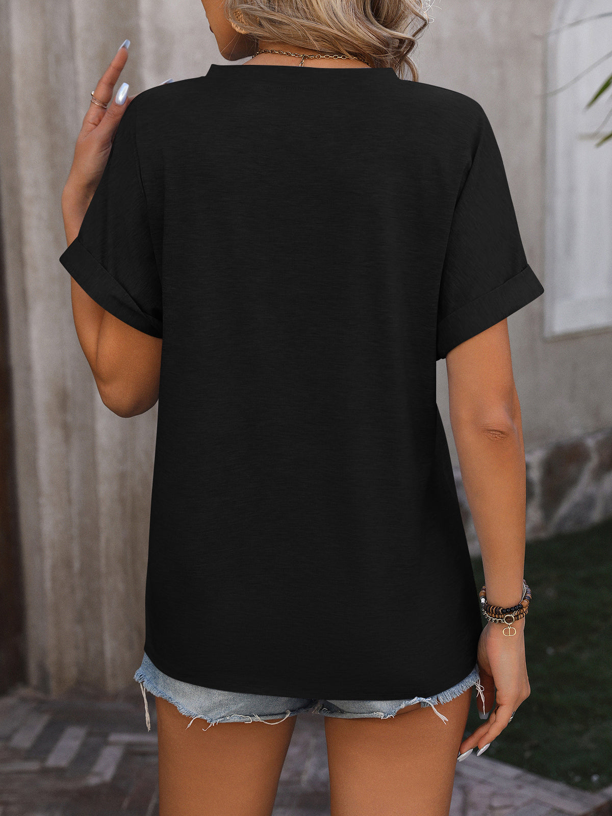 Split Neck Button Dolman Sleeve Blouse - Black - 3