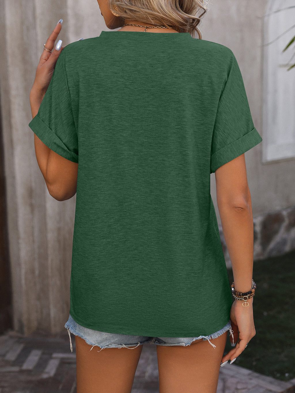 Split Neck Button Dolman Sleeve Blouse - Green - 2
