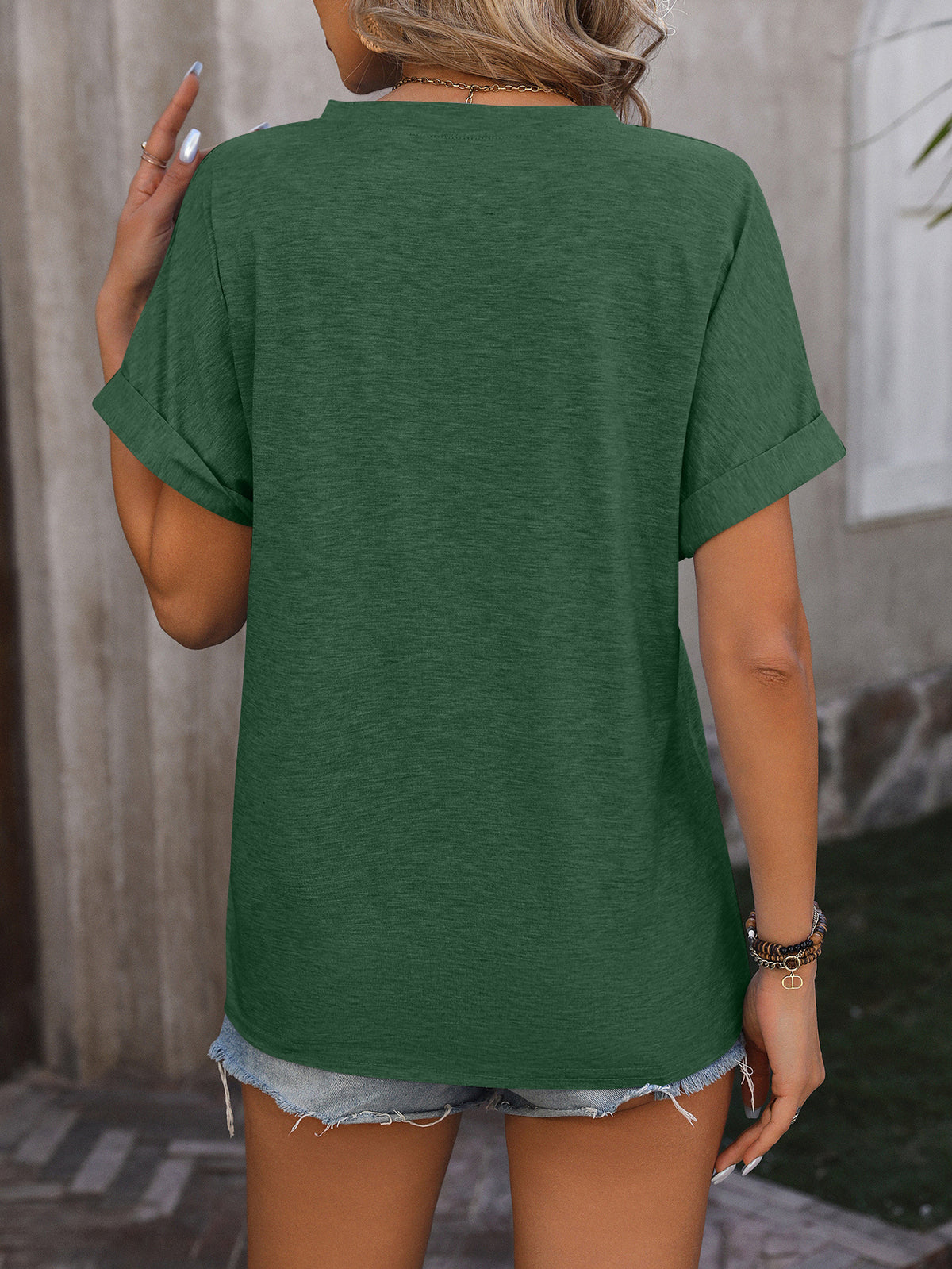 Split Neck Button Dolman Sleeve Blouse - Green - 2
