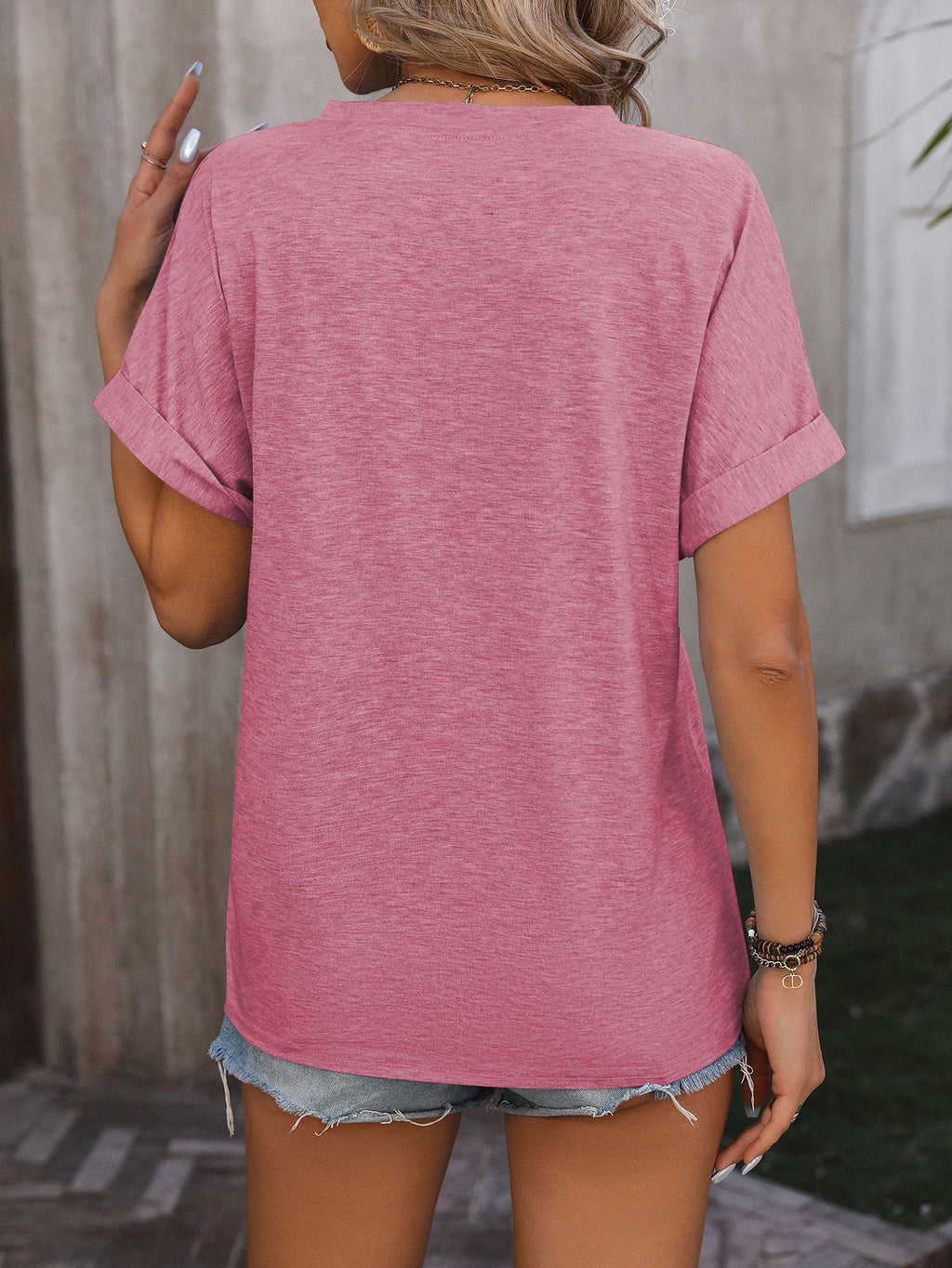 Split Neck Button Dolman Sleeve Blouse - Pink - 1