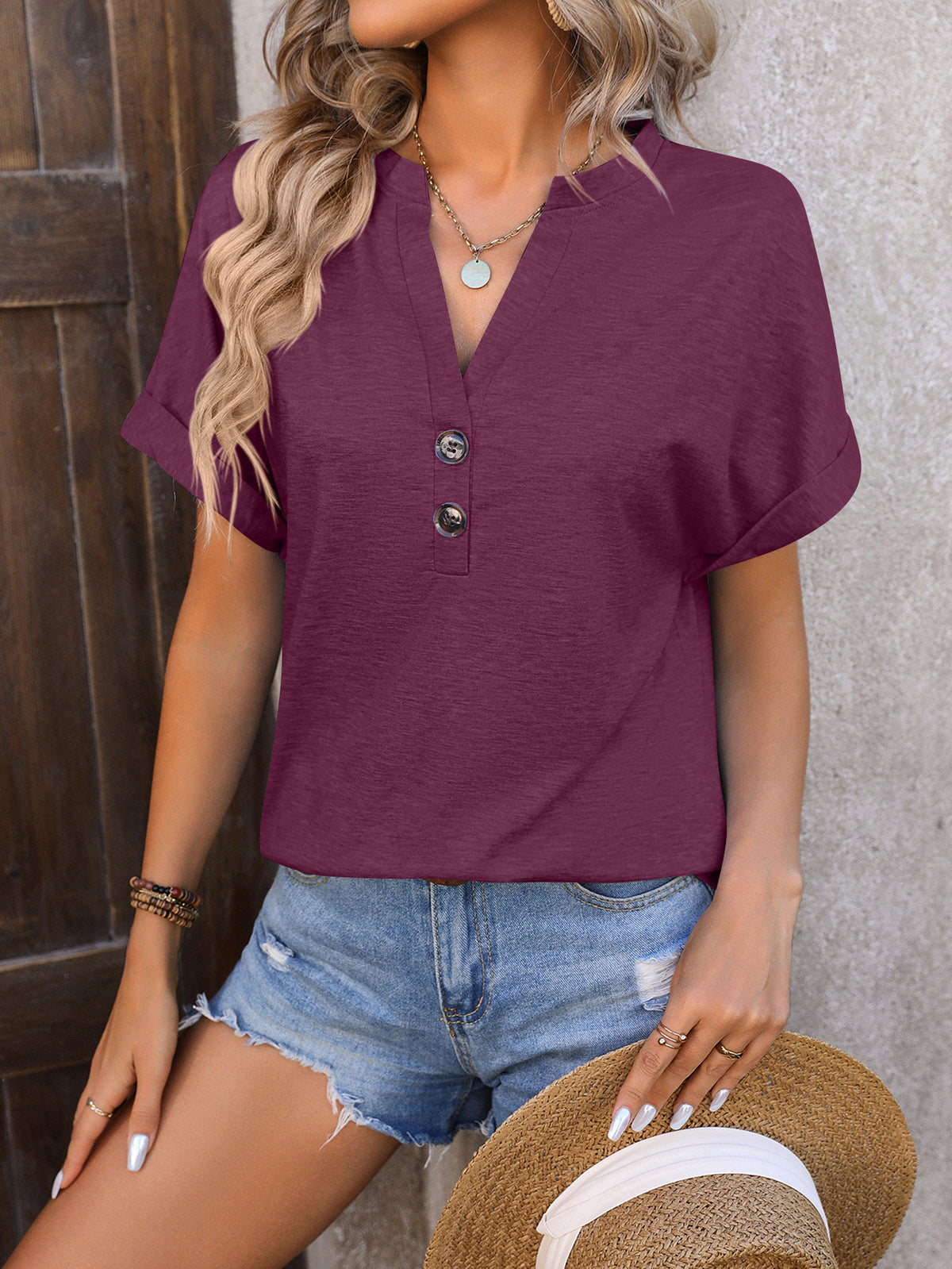 Split Neck Button Dolman Sleeve Blouse - Purple - 1