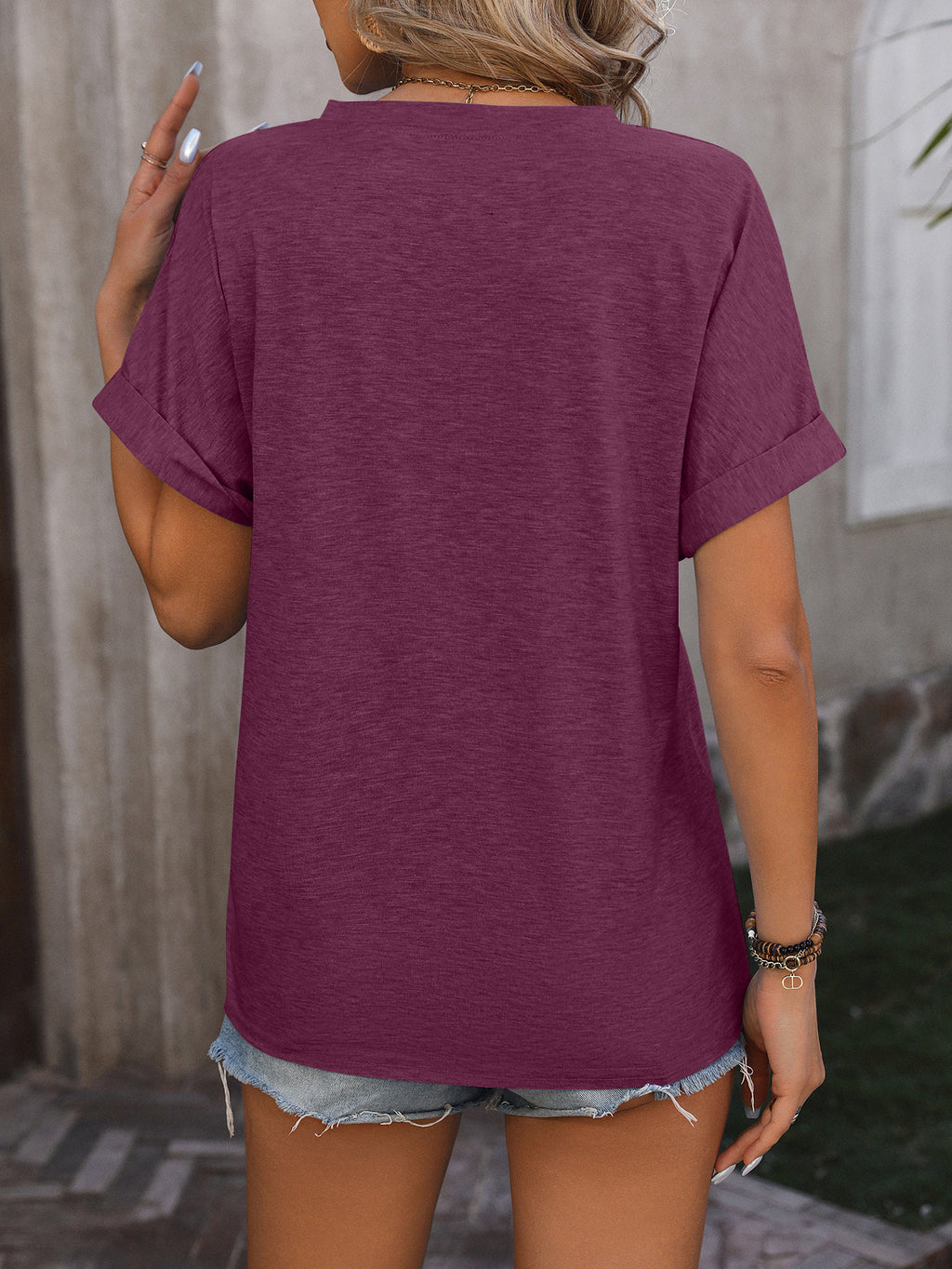 Split Neck Button Dolman Sleeve Blouse - Purple - 2