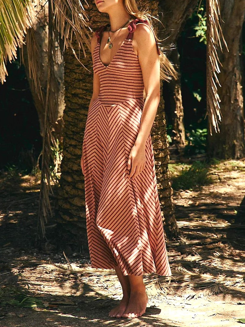 Striped Tie Shoulder Maxi Dress - Brown