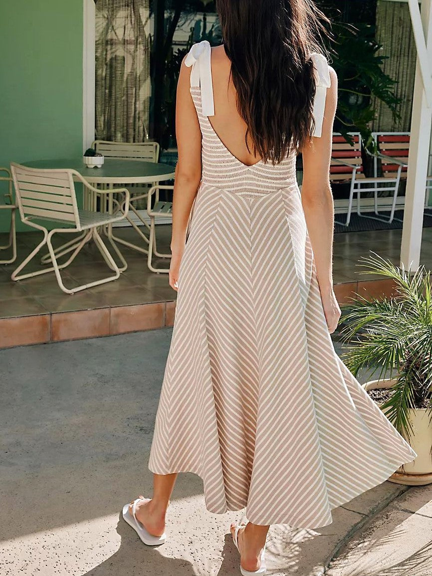 Striped Tie Shoulder Maxi Dress - Gray - 1