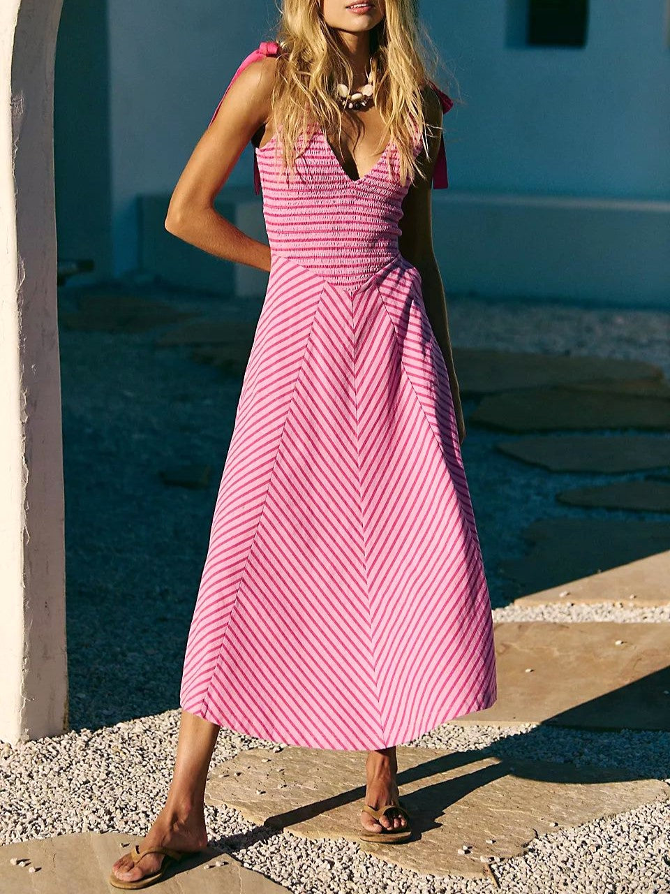 Striped Tie Shoulder Maxi Dress - Rose