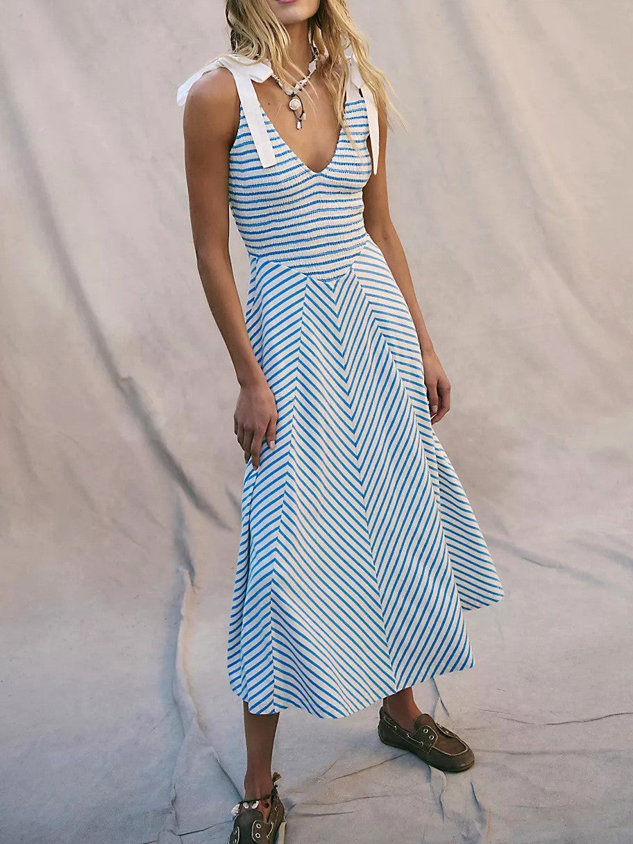 Striped Tie Shoulder Maxi Dress - SkyBlue