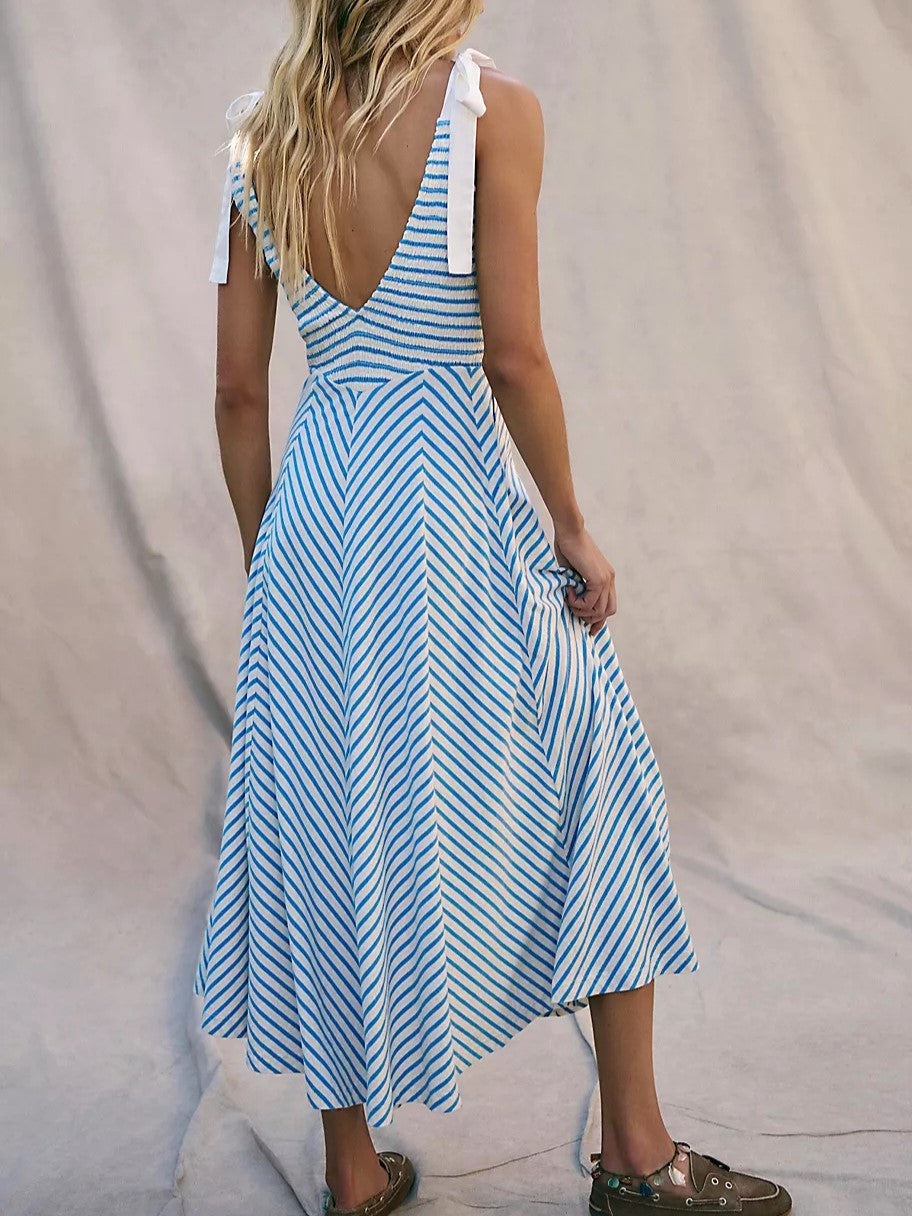 Striped Tie Shoulder Maxi Dress - SkyBlue - 1