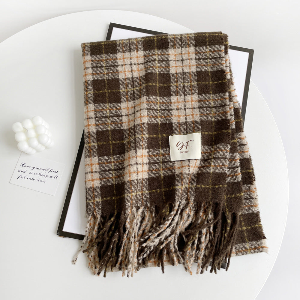 Plaid Fringed Blanket Scarf Wrap - Camel