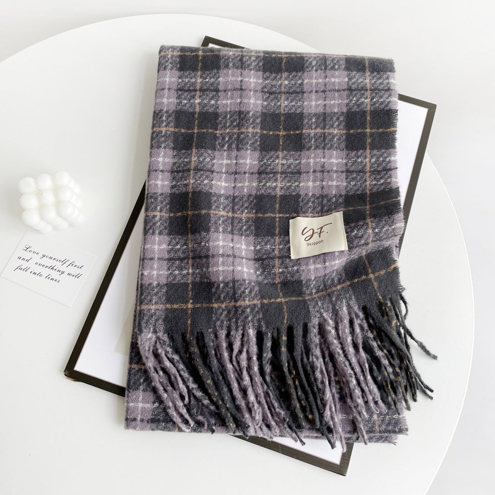 Plaid Fringed Blanket Scarf Wrap - Purple