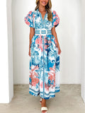 Tropical Print Puff Sleeve Belted Maxi Dress - Blue