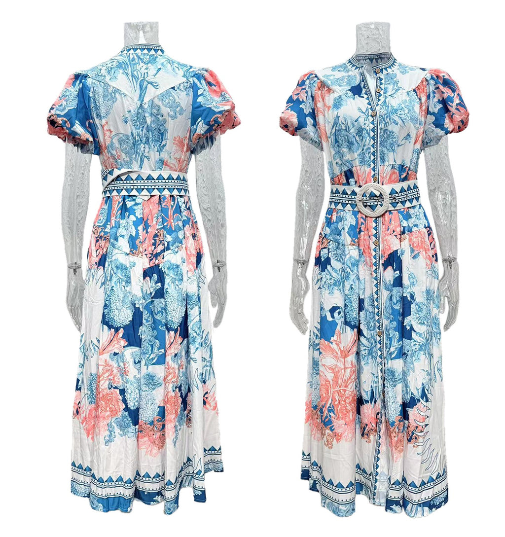 Tropical Print Puff Sleeve Belted Maxi Dress - Blue - 1