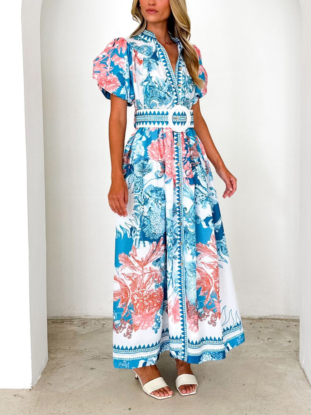 Tropical Print Puff Sleeve Belted Maxi Dress - Blue - 2