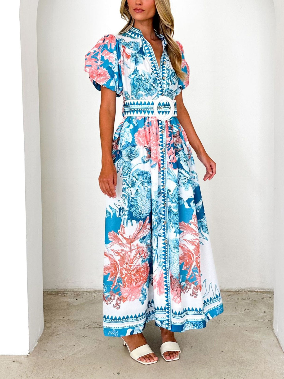 Tropical Print Puff Sleeve Belted Maxi Dress - Blue - 2
