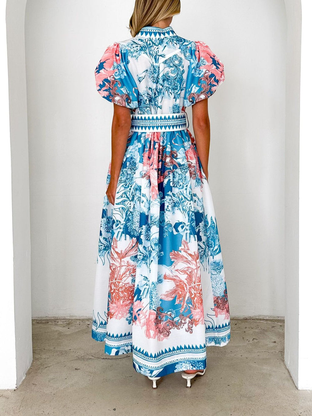 Tropical Print Puff Sleeve Belted Maxi Dress - Blue - 3