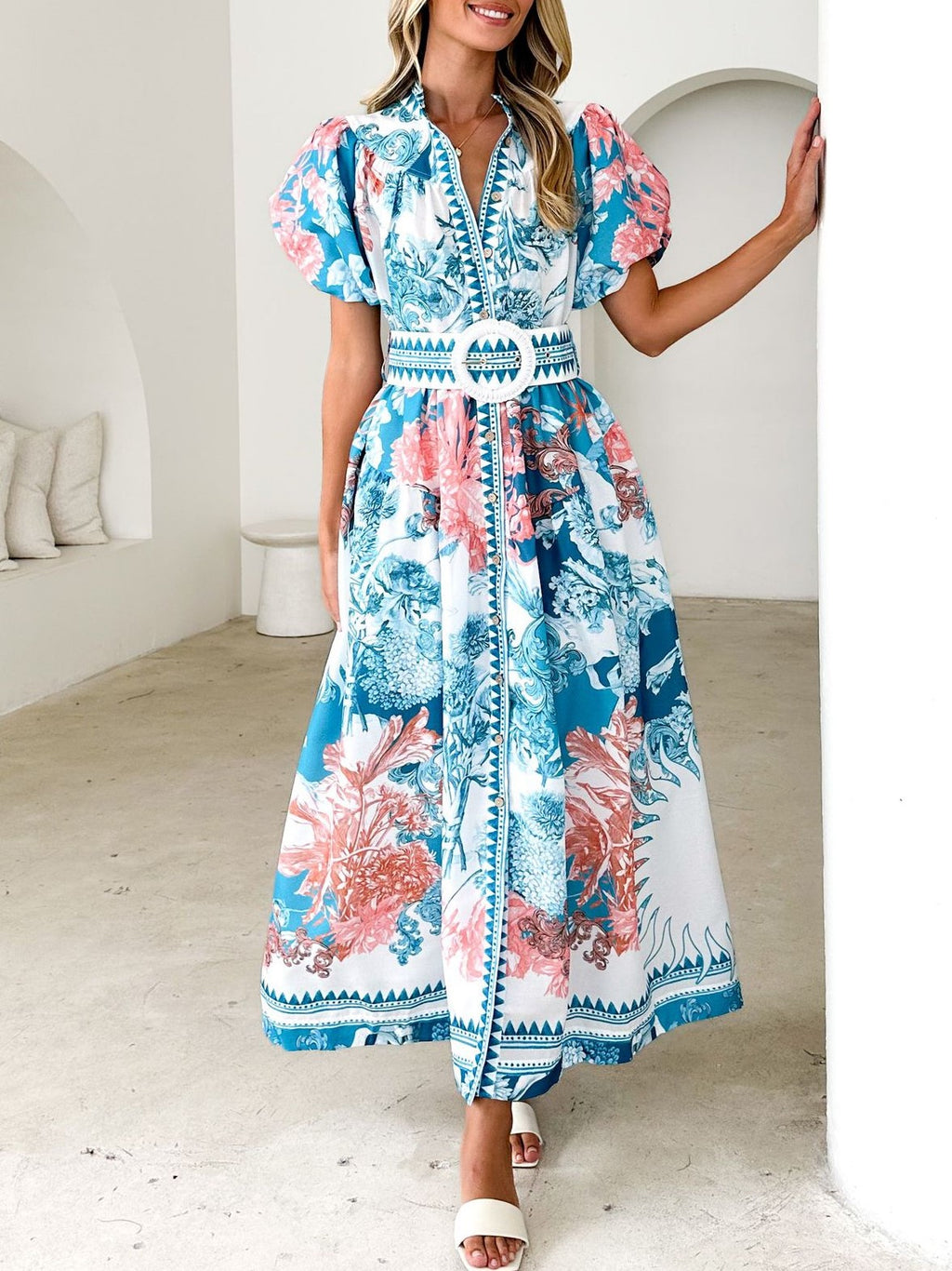 Tropical Print Puff Sleeve Belted Maxi Dress - Blue - 4