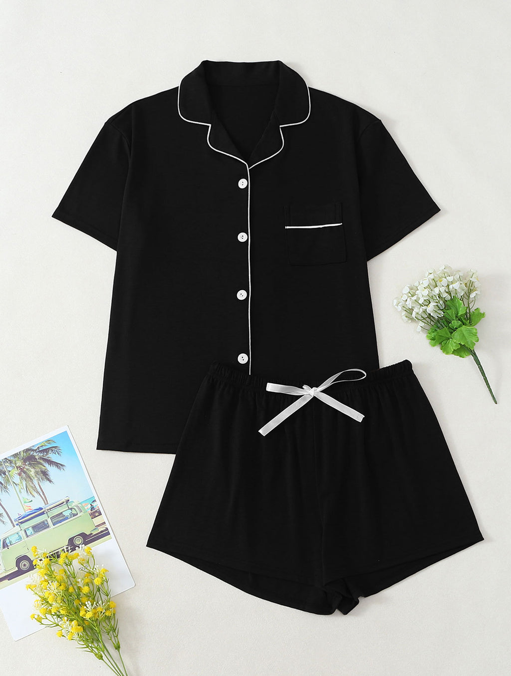 Piped Button-Up Short Pajama Set with Tie-Waist Shorts - Black - 2
