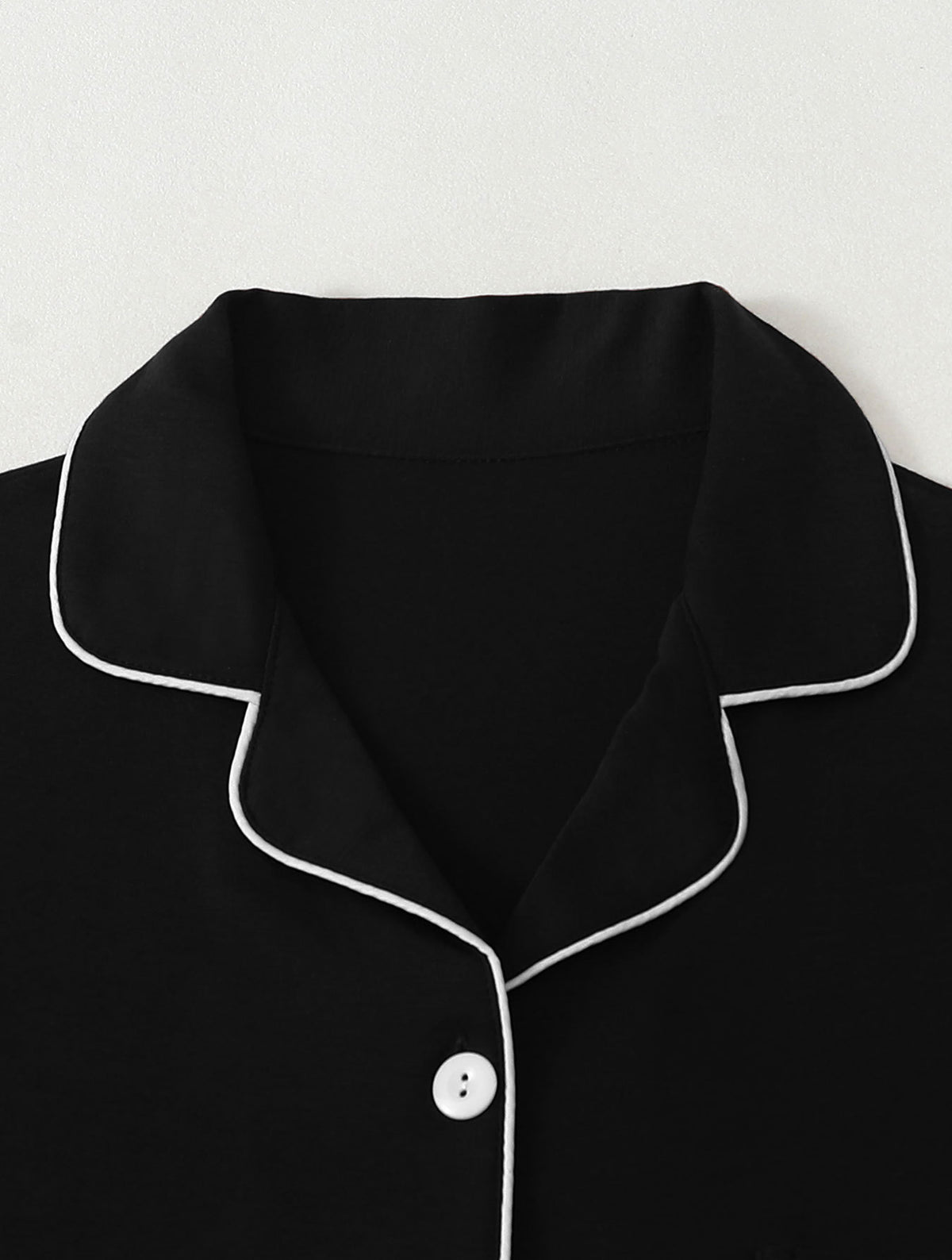 Piped Button-Up Short Pajama Set with Tie-Waist Shorts - Black - 3