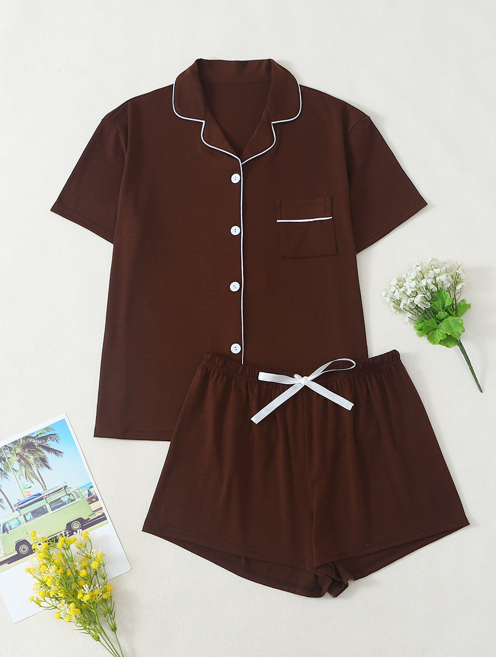 Piped Button-Up Short Pajama Set with Tie-Waist Shorts - Brown
