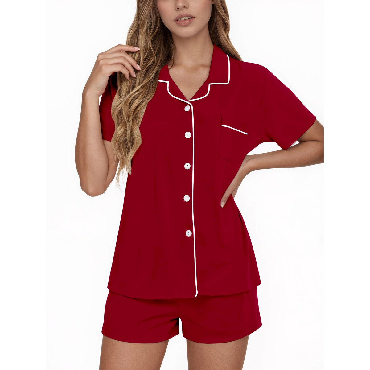 Piped Button-Up Short Pajama Set with Tie-Waist Shorts - Red - 2