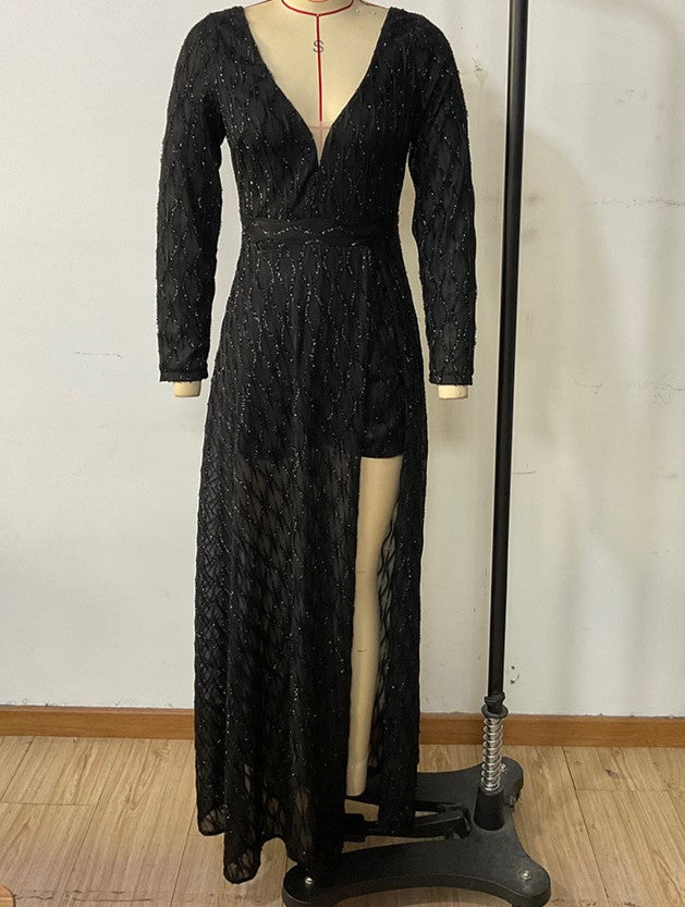 Deep V Sparkle Lace Slit Overlay Maxi Dress - Black - 4