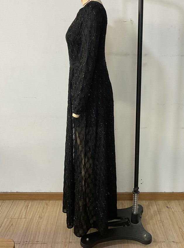 Deep V Sparkle Lace Slit Overlay Maxi Dress - Black - 5