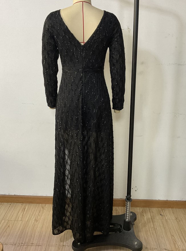 Deep V Sparkle Lace Slit Overlay Maxi Dress - Black - 6