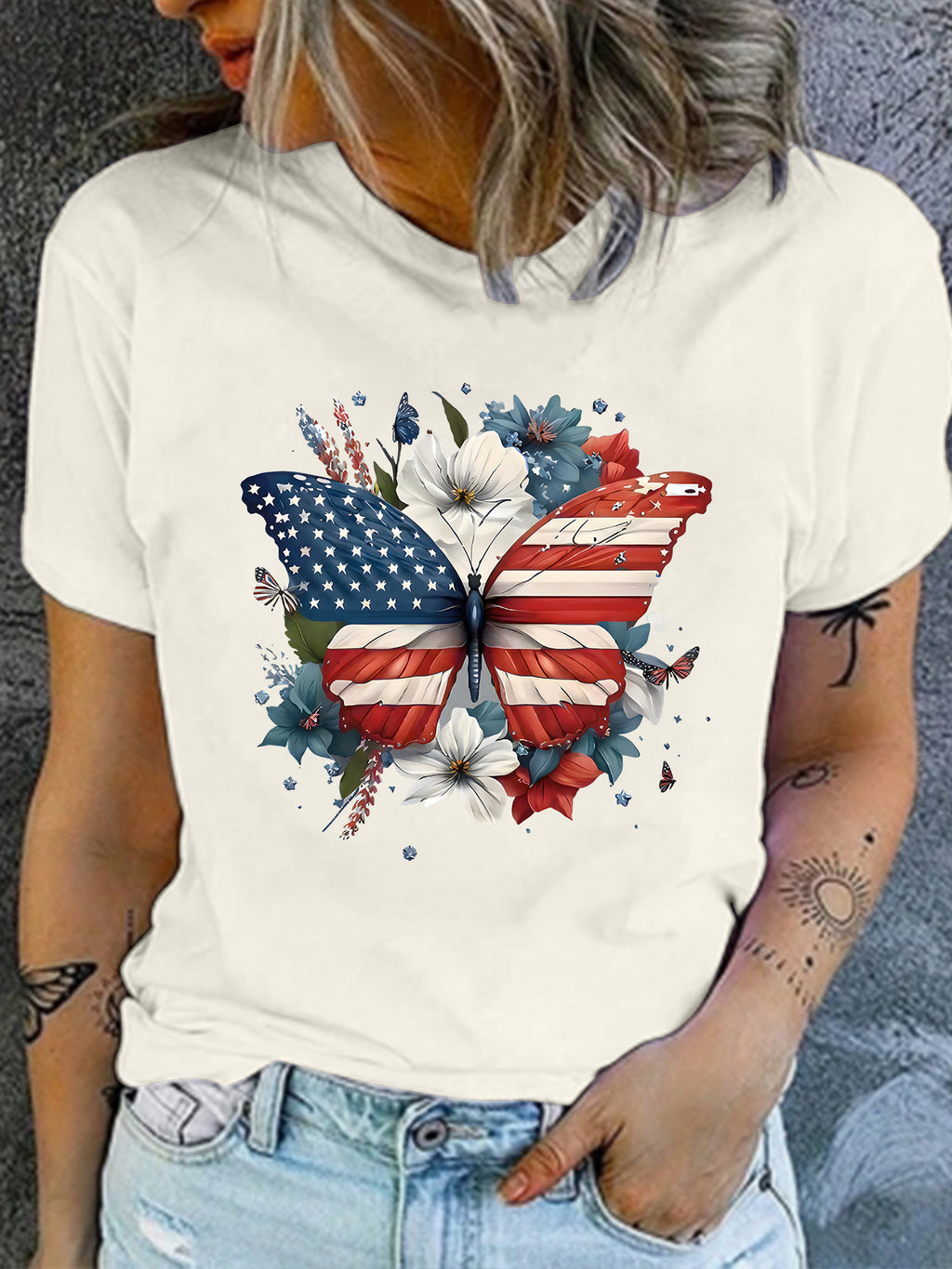 Patriotic Flag Butterfly Floral Graphic T-Shirt - Apricot