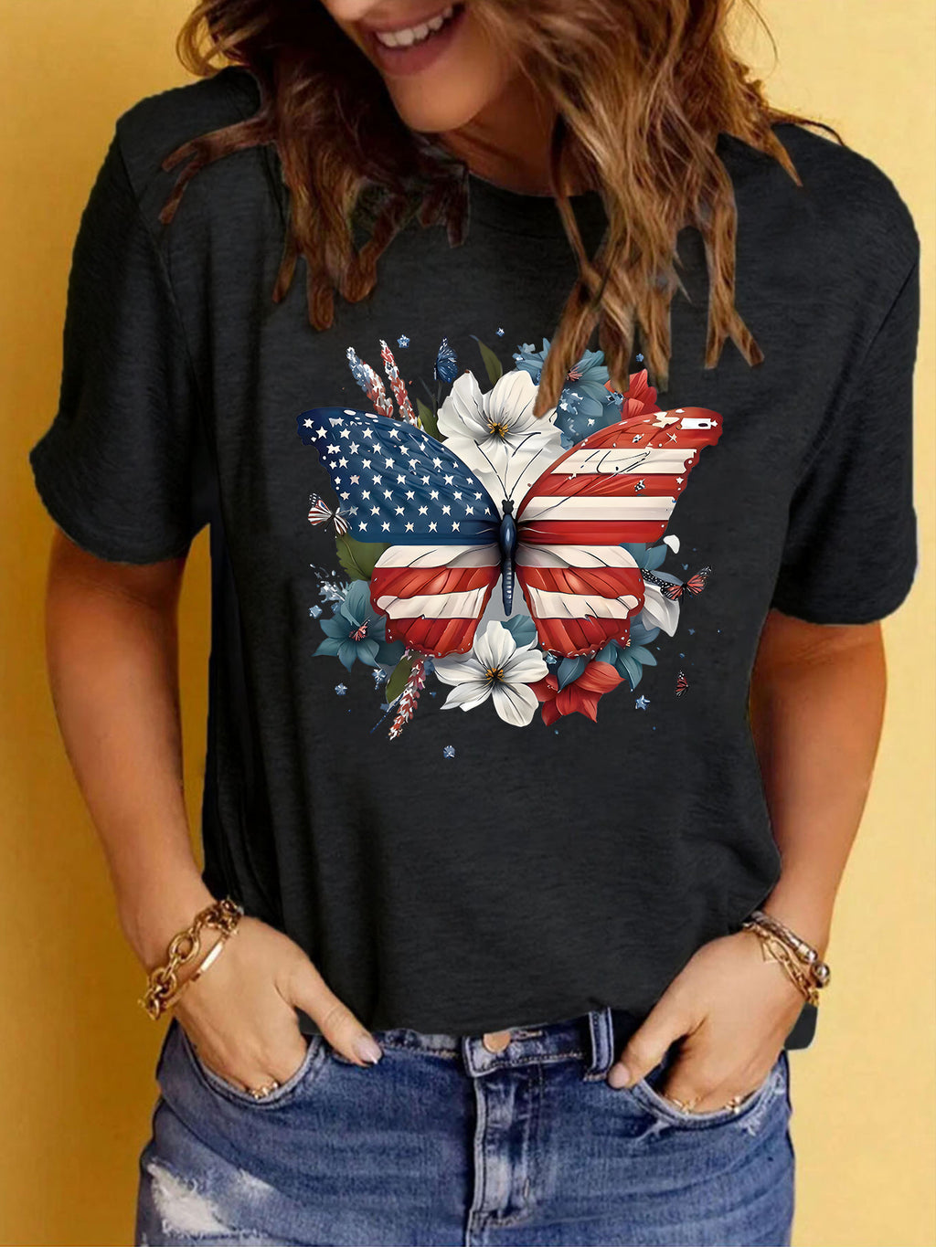 Patriotic Flag Butterfly Floral Graphic T-Shirt - Black