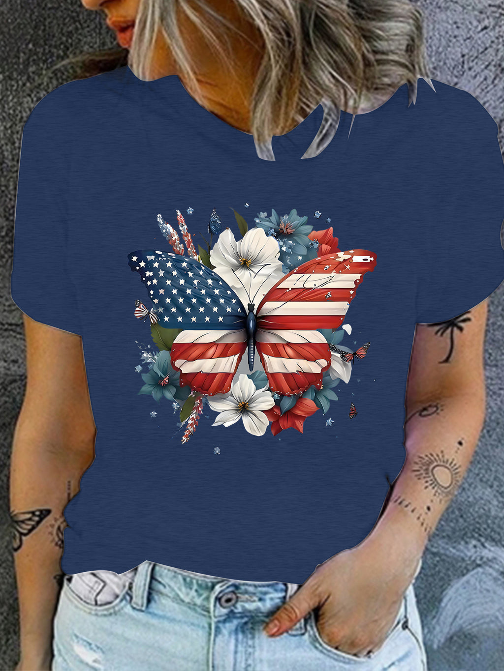 Patriotic Flag Butterfly Floral Graphic T-Shirt - Blue